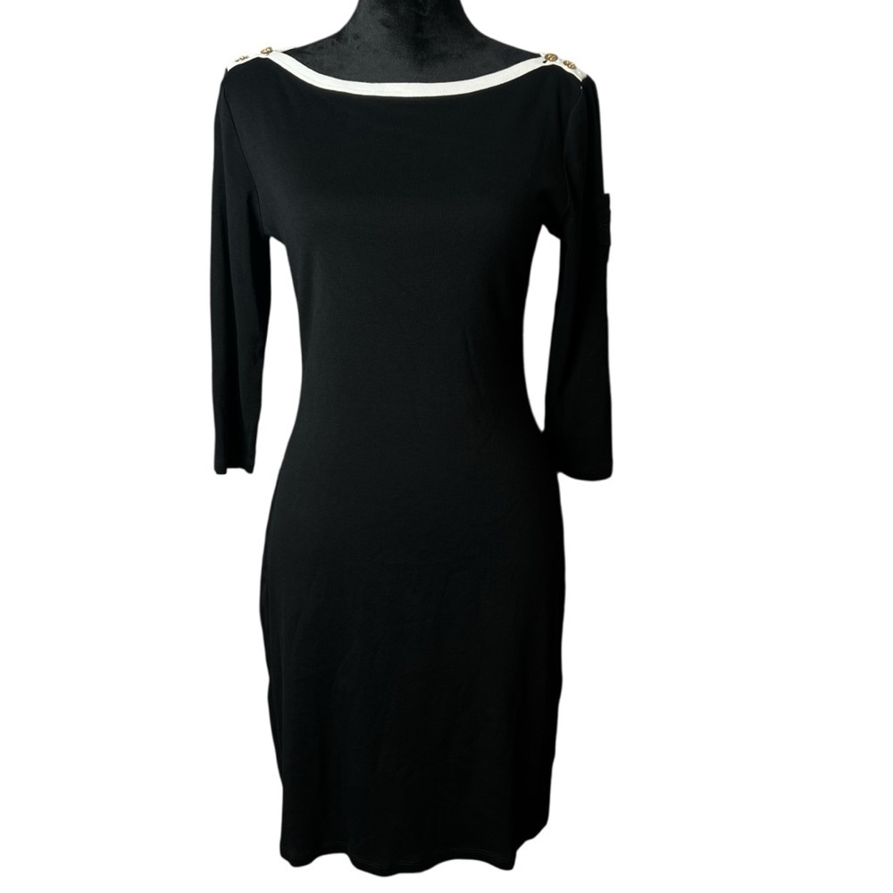 Lauren Ralph Lauren Black & White Shift Dress Gold Buttons Women’s Size Medium